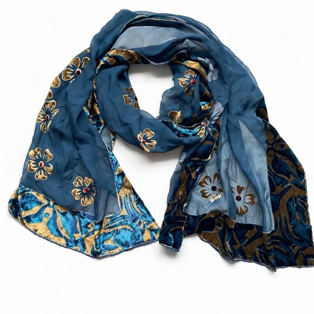 NWT Whimsigoth Fairy Grunge Blue Floral Velvet Burnout Sheer Scarf JJ Collection